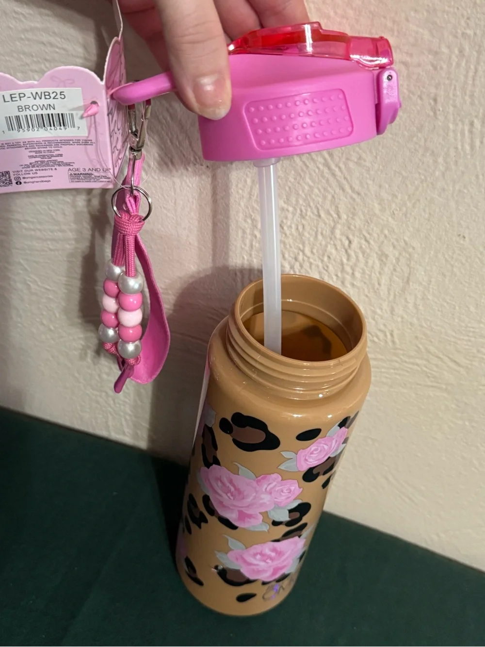 Pink Floral Leopard Kids Water Bottle with Strap